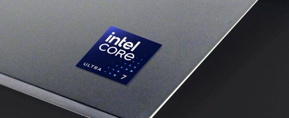 Intel new Core Ultra branding on a laptop badge.