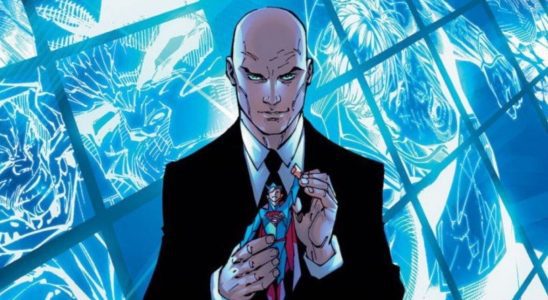 DC Comics artwork of Lex Luthor holding Superman action figure