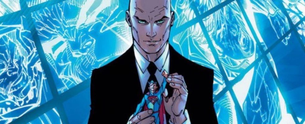 DC Comics artwork of Lex Luthor holding Superman action figure