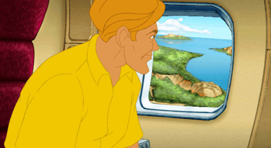 A character from Broken Sword 2: The Smoking Mirror remastered looks out a plane window towards a the ocean.