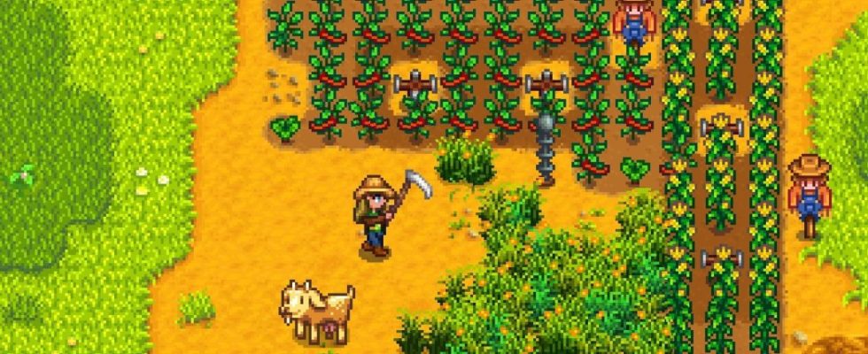 Stardew Valley - a player swings a scythe at a patch of grass near a field of peppers and a goat