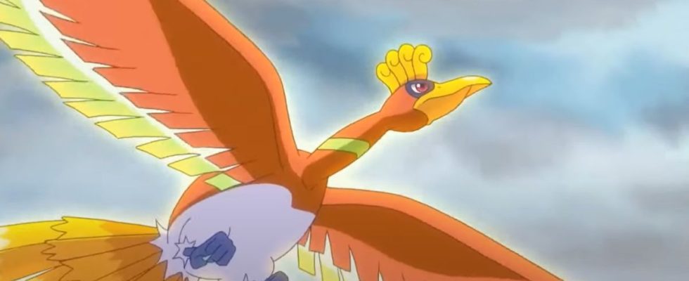 An image of a Ho-Oh from the Pokemon anime, flying majestically through the air