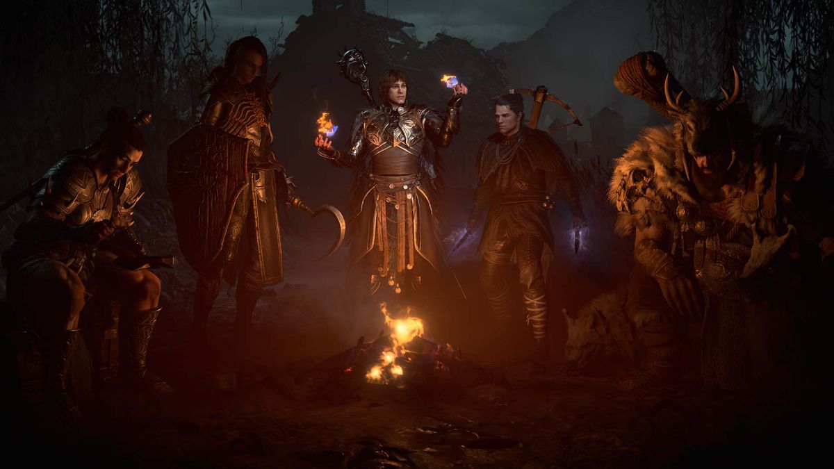 Les cinq classes de personnages de Diablo 4 autour d'un feu, avec un barbare à gauche, un nécromancien, un sorcier, un voleur et le druide à l'extrême droite