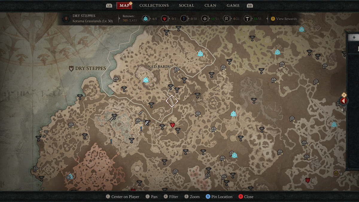 La carte du monde de Diablo 4, couverte de marqueurs de quête, de défis et de points d'intérêt