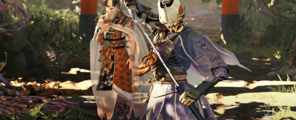 An image of a masked warrior drawing a katana in ornate dress. Behind them stands a veiled woman in beautiful clothes. They are standing in a vibrant forest.