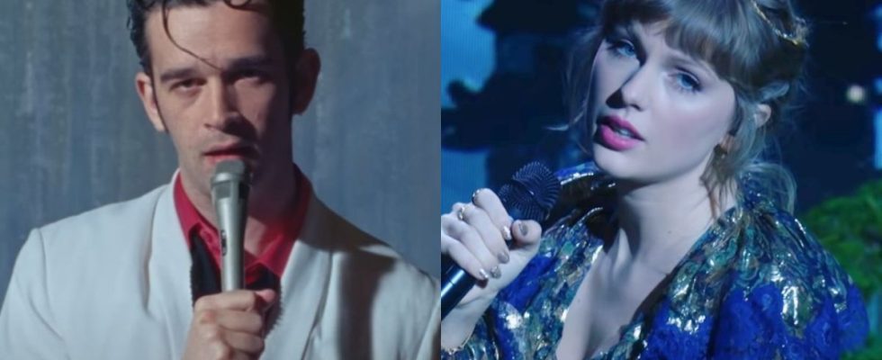 From left to right: Matt Healy in Happiness music video performing with The 1975 and Taylor Swift singing at the Grammys.