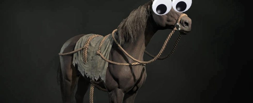 Diablo 4 horse close up with googly eyes photoshopped over it