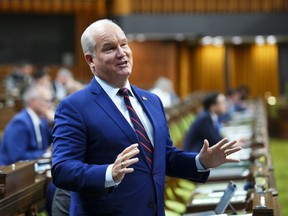 Le député conservateur et ancien chef conservateur Erin O'Toole reçoit une ovation debout alors qu'il prononce son dernier discours à la Chambre des communes sur la Colline du Parlement à Ottawa, le lundi 12 juin 2023.