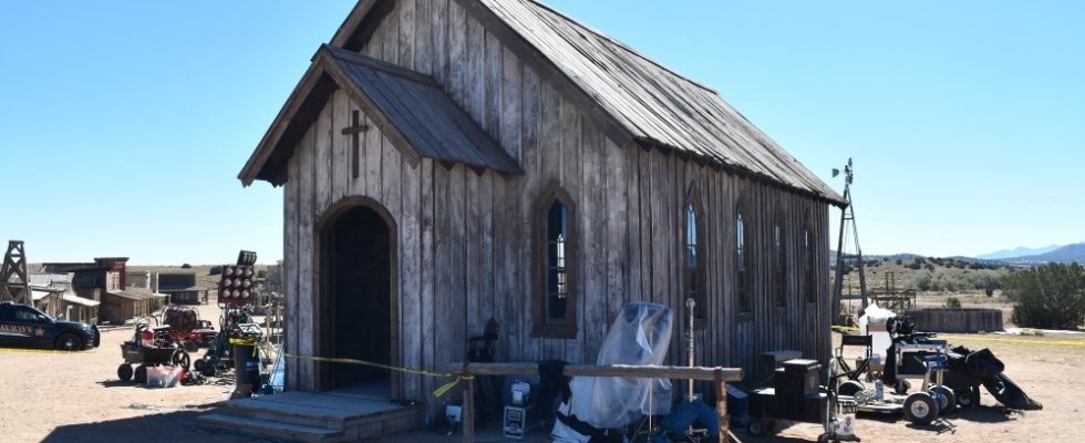 The church building on the set of Rust, surrounded by film equipment.