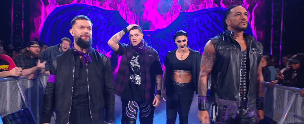 Judgment Day walks out for a match with Finn Balor, Dominik Mysterio, Rhea Ripley and Damian Priest.