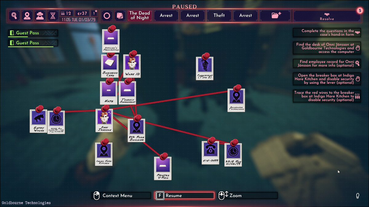 Une capture d'écran d'une carte de preuves dans Shadows of Doubt, montrant une collection d'indices liés par une ficelle rouge sur une carte mentale.