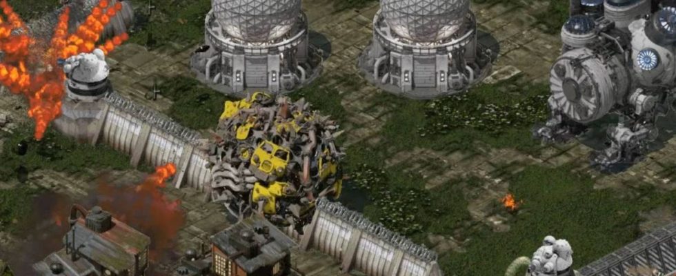 A big ball of mechanical scrap rolls through a futuristic base