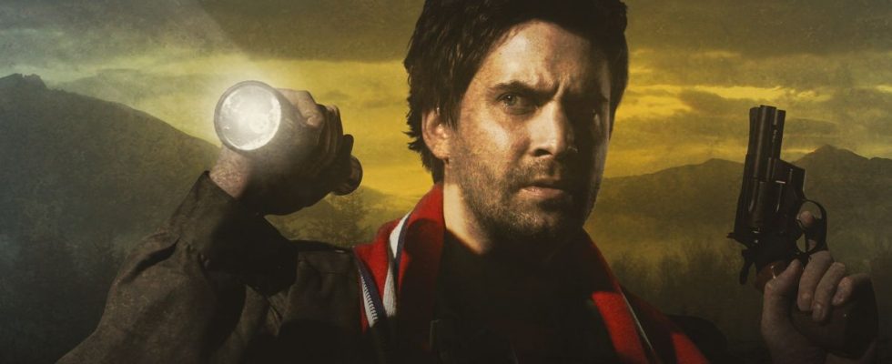 Alan Wake raises his flashlight in one hand, with his pistol in the other, among a backdrop of foggy mountains.