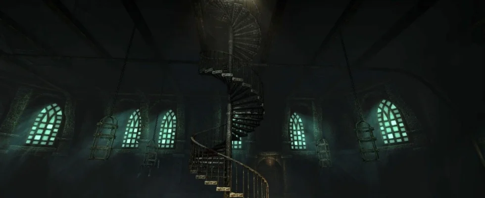 A dimly lit spiral staircase in Amnesia: The Dark Descent.