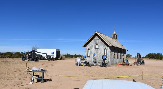The church building at the Bonanza Creek Ranch, on the set of "Rust," with filming equipment.