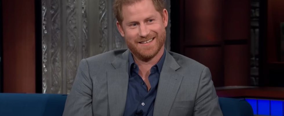 Prince Harry smiling on the Stephen Colbert