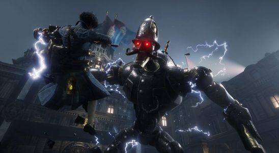 A shot of Pinocchio from Lies of P in the clutches of a giant policeman robot in a rainy elizabethan backdrop. The robot is surrounded by lightning.