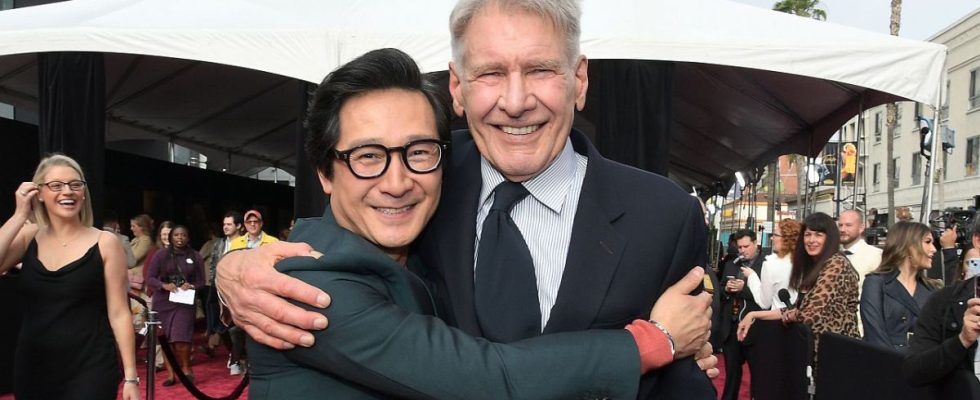 LOS ANGELES, CALIFORNIA - JUNE 14: (L-R) Ke Huy Quan and Harrison Ford attend the Indiana Jones and the Dial of Destiny U.S. Premiere at the Dolby Theatre in Hollywood, California on June 14, 2023
