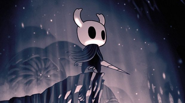 The Knight from Hollow Knight stands proudly on a cliff edge.
