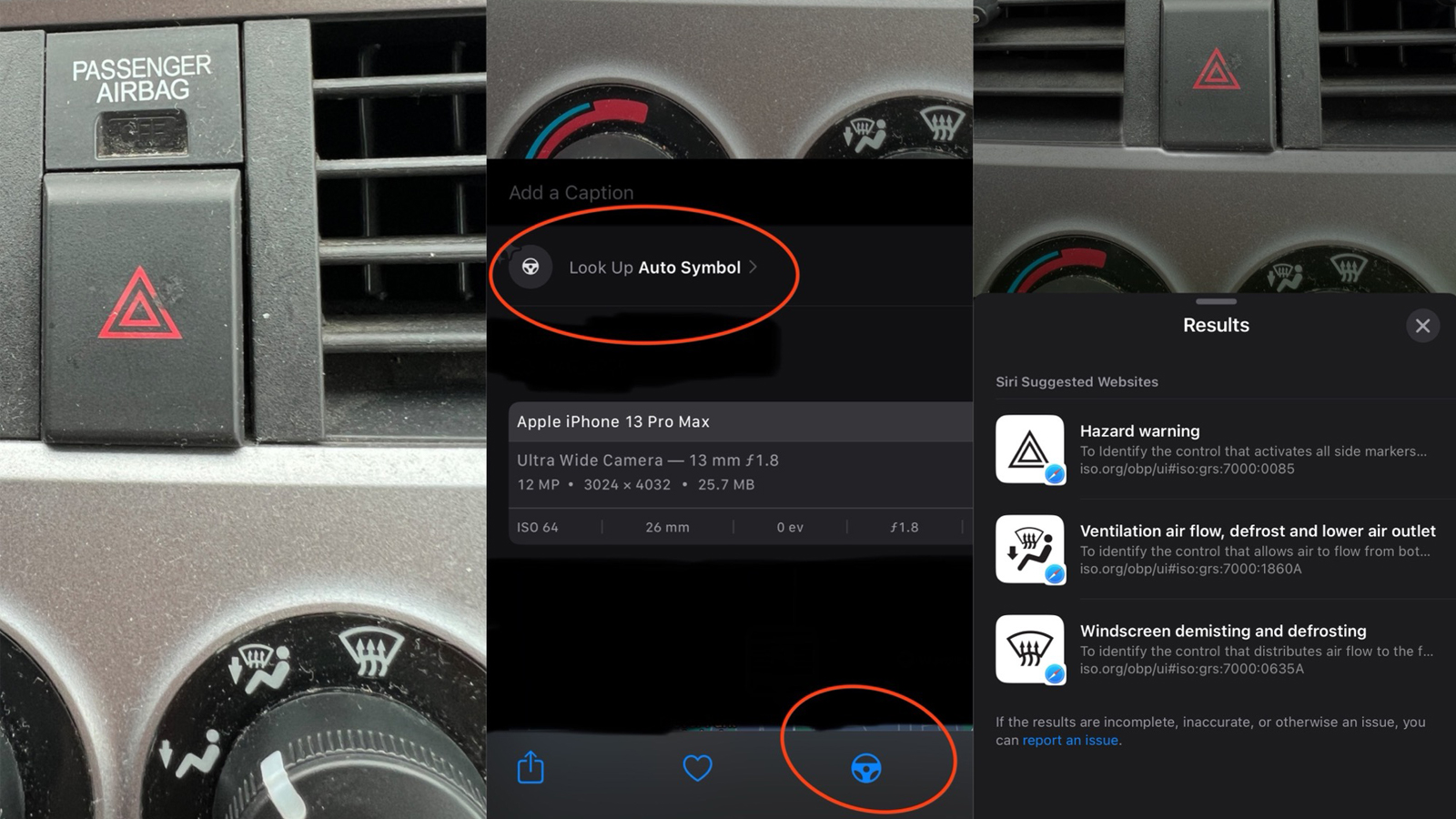 Une image composite montrant la version bêta d'iOS 17 identifiant une étiquette d'avertissement dans une voiture
