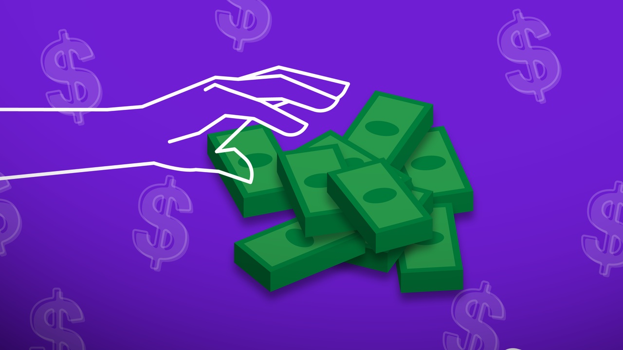 une main aux contours blancs saisissant des tas d'argent illustré sur un fond violet avec des signes de dollar