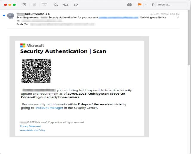 Capture d'écran d'un e-mail de phishing avec code QR.