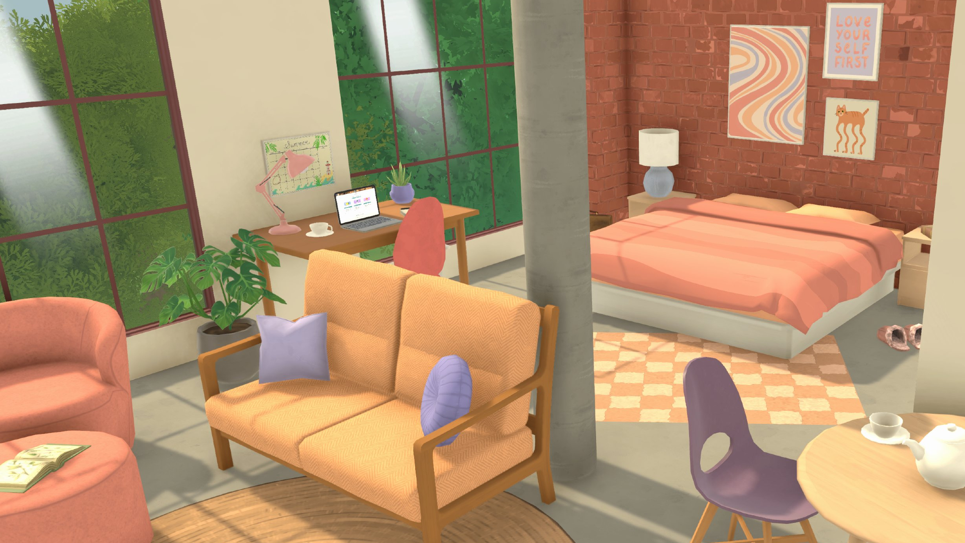 Une chambre bien éclairée avec un lit double rose tendre et un canapé jaune avec des oreillers bleus