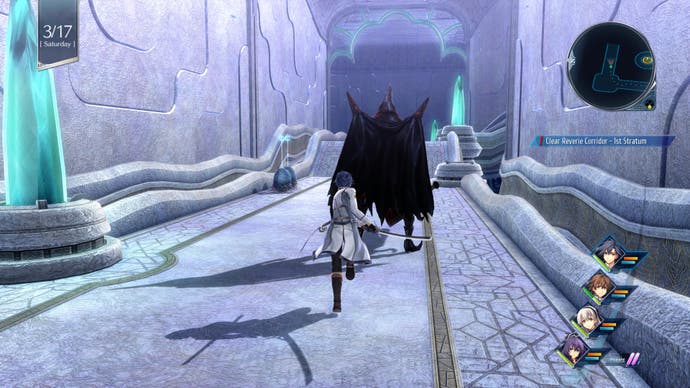 Capture d'écran de la revue The Legend of Heroes: Trails into Reverie, Rean Schwarzer court vers un grand ennemi avec une armure noire.