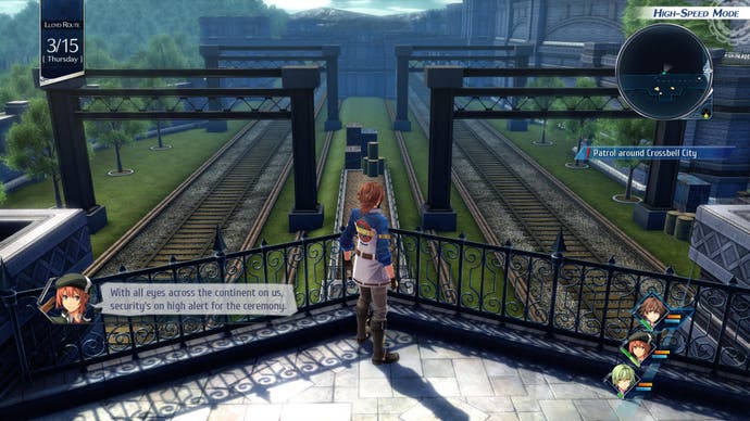 Capture d'écran de la revue The Legend of Heroes: Trails into Reverie - Lloyd Bannings surplombant le chemin de fer de Crossbell City en mode exploration.