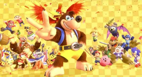 Banjo and Kazooie pose in front of other characters from Super Smash Bros.