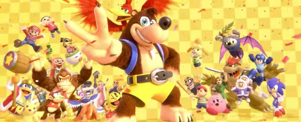 Banjo and Kazooie pose in front of other characters from Super Smash Bros.