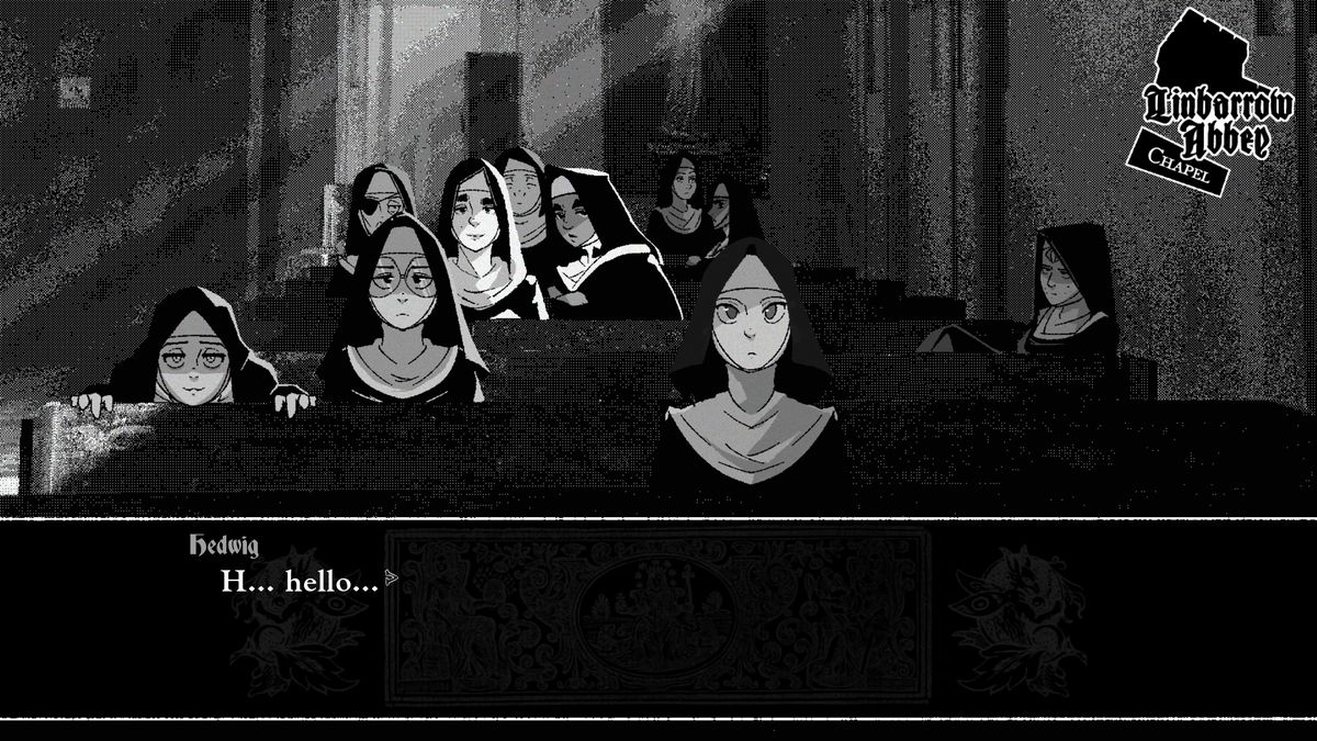Dans une image du point de vue d'Hedwige alors qu'elle regarde toutes les religieuses assises sur des bancs, elle bégaie : « H... bonjour... »