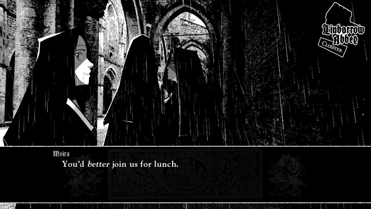 Moira regarde de travers alors qu'elle marche entre les bâtiments du couvent de Misericorde, en disant : « Vous feriez mieux de nous rejoindre pour le déjeuner.  La pluie tombe autour d'elle et des autres nonnes en arrière-plan.