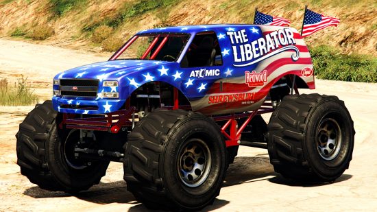 Mise à jour hebdomadaire de GTA Online - The Liberator, un camion monstre aux couleurs Stars & Stripes.