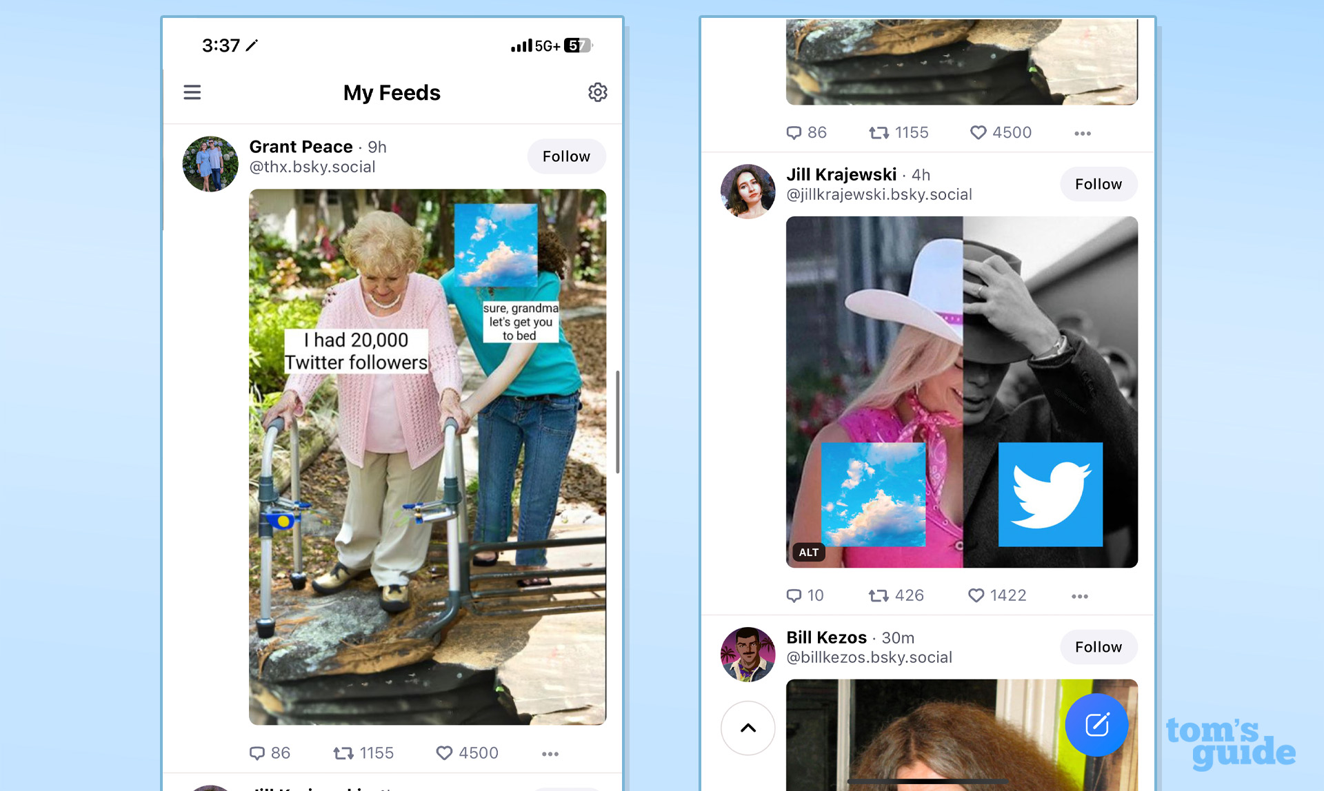 captures d'écran de l'application Bluesky, montrant la page Mes flux avec des mèmes sur les utilisateurs de Twitter étant anciens et Bluesky étant la Barbie d'Oppenheimer de Twitter