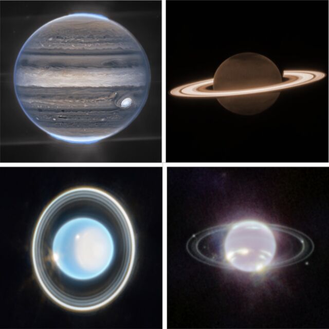 Les premières vues du télescope spatial James Webb (dans le sens des aiguilles d'une montre) de Jupiter, Saturne, Neptune et Uranus.
