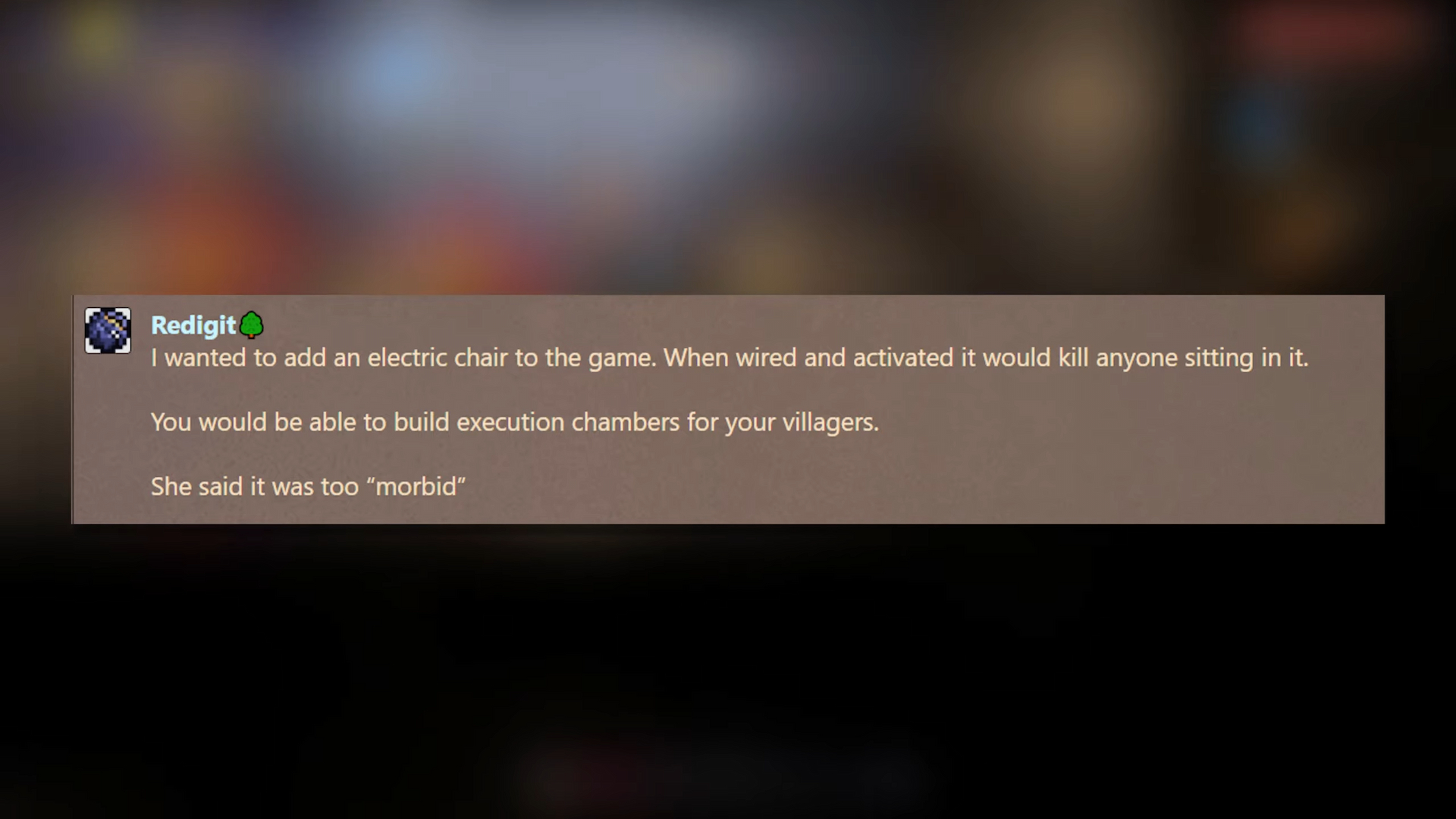 Une capture d'écran du message de Redigit sur les forums Terraria concernant l'inclusion d'une chaise électrique