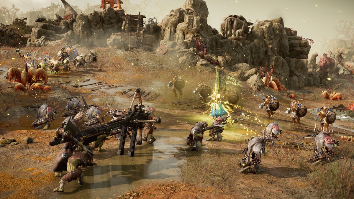 Un groupe d'Orruk Kruleboyz défend un point d'étranglement contre un assaut Stormcast Eternal dans Warhammer Age of Sigmar: Realms of Ruin 