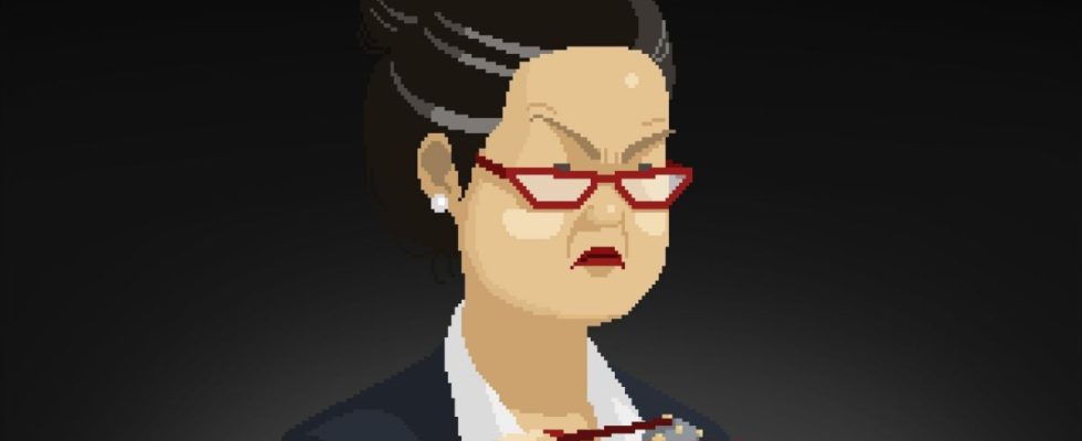 A woman with glasses scowls