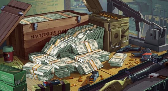 GTA Online money on a table surrounded by guns.