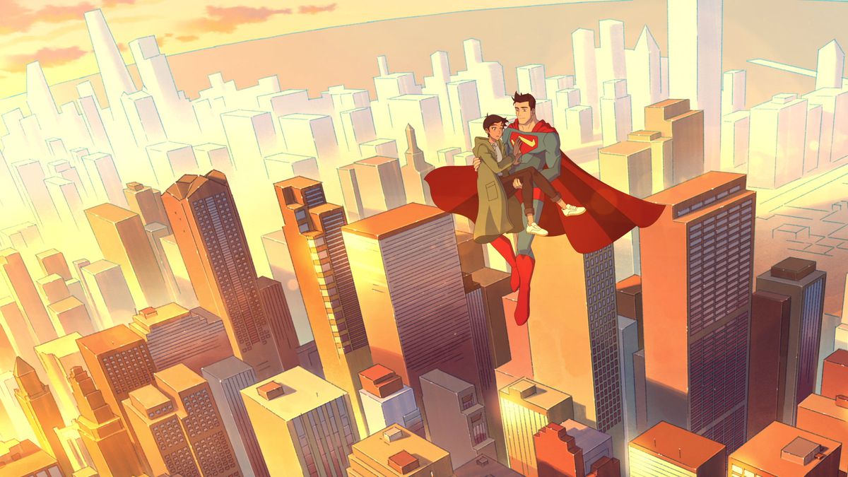 Superman volant et transportant Lois Lane au-dessus de Metropolis