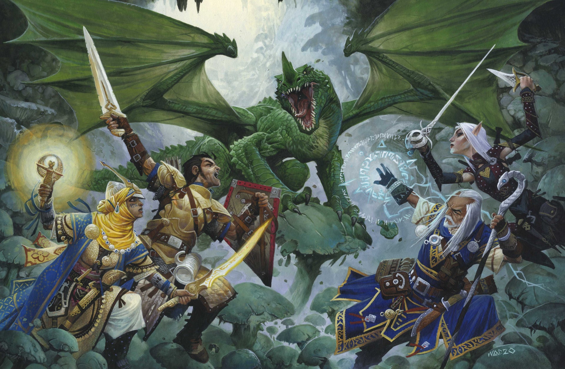 Un groupe d'aventuriers combat un dragon.