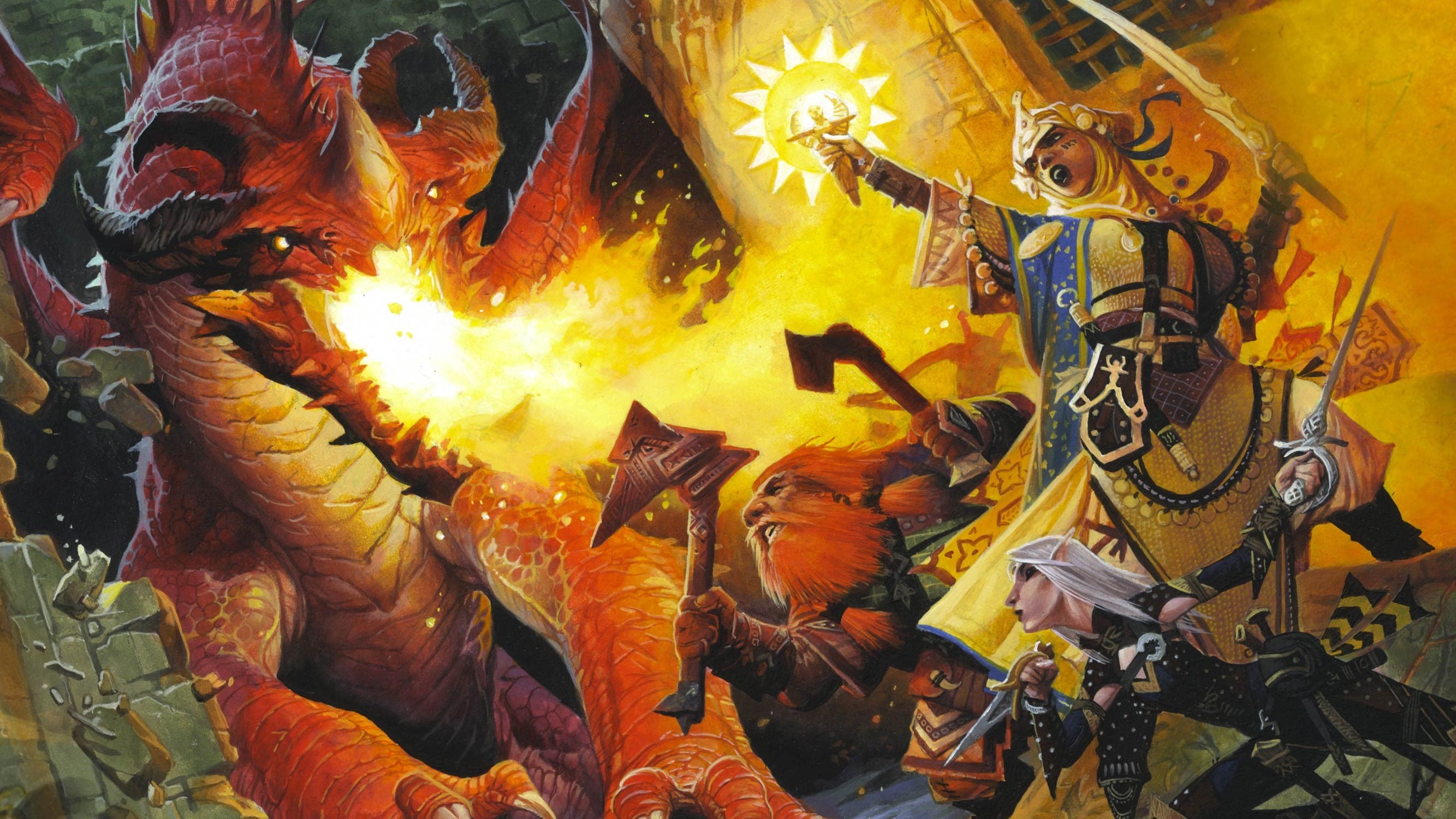 Art éclaireur d'aventuriers combattant un dragon.