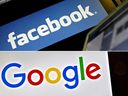Les logos Facebook et Google sont illustrés dans cette photo de fichier combiné.
