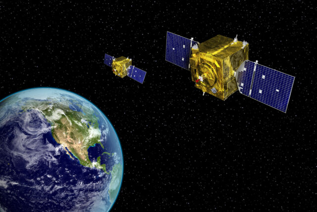 Illustration d'artiste de deux des satellites de surveillance GSSAP de la Force spatiale. 