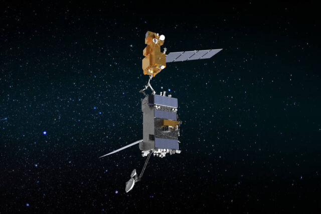 Dans l'illustration de cet artiste, le vaisseau spatial OSAM-1 de la NASA utilise des bras robotiques pour saisir Landsat 7, un satellite qui n'a pas été conçu pour l'entretien ou le ravitaillement.