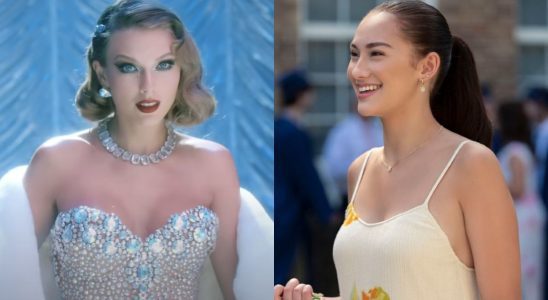 Taylor Swift in the Bejeweled music video and Lola Tung in The Summer I Turned Pretty.