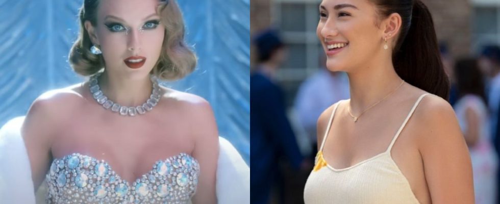 Taylor Swift in the Bejeweled music video and Lola Tung in The Summer I Turned Pretty.