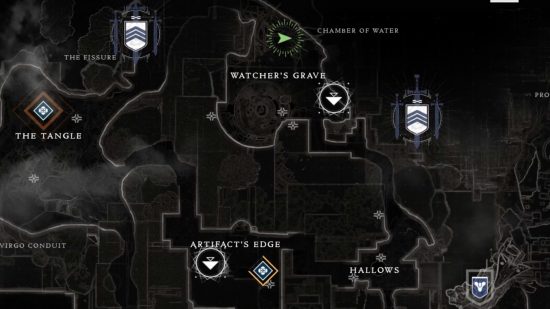 Carte Destiny 2 montrant l'emplacement de Xur dans Watcher's Grave.
