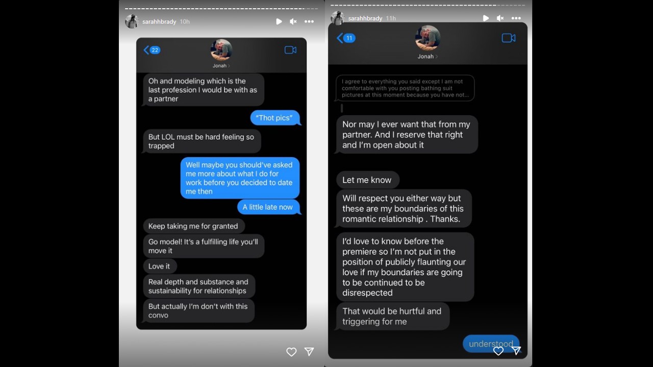 Sarah Brady publie deux captures d'écran d'un texte avec Jonah Hill sur Instagram.